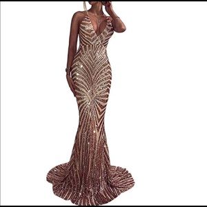 Rose Gold Sequin Mermaid Long Evening Dress